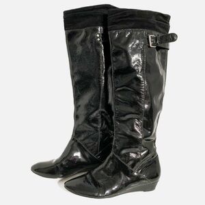 Via Spiga Knee High Patent Leather Boot Wedge Heel Suede Cuff Strap Buckle Detai